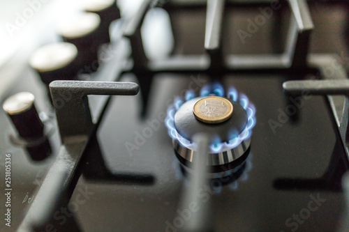 Cost of gas, concept crisis. Gas stove with coins in flame. The cost of methane. Gas coins more expensive. Gas Payment.