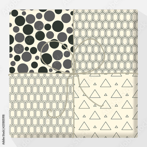 Set of repeating and seamless patterns on a gift box. Mock up vector variation. Modern stylish geometric texture of monochrome shapes of hexagon circle variants. Simple and hipster design illustration