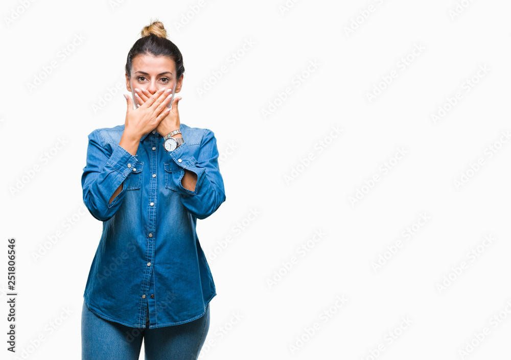Young beautiful woman over isolated background shocked covering mouth with hands for mistake. Secret concept. Young beautiful woman over isolated background shocked covering mouth with hands for mistake. Secret concept.
