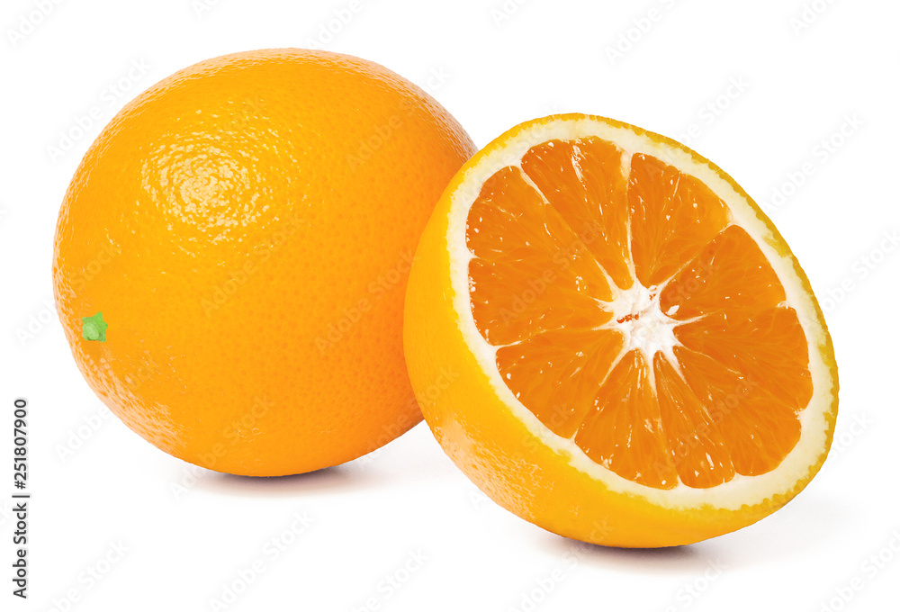 Orange and half an orange on an isolated white background. Close up. Side view.