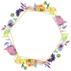 Bouquets with flowers and fruits. Watercolor background illustration set. Frame border ornament square.