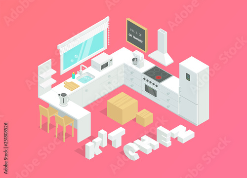 Kitchen interior vector illustration. Isometric room. The kitchen furniture and household appliances.