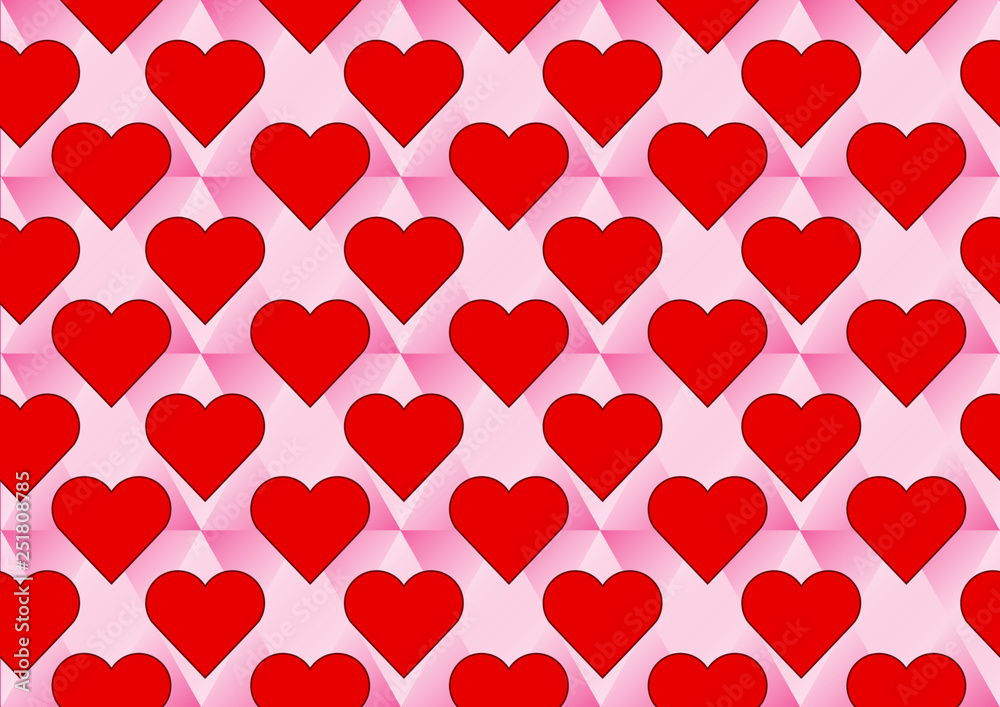 Pattern Seamless Red Hearts on a pink triangle  background