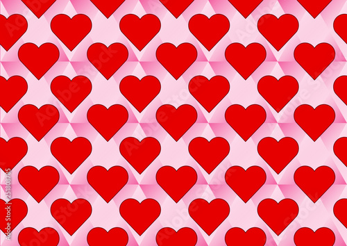 Pattern Seamless Red Hearts on a pink triangle  background