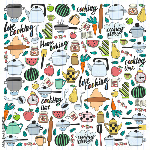 Vector set of children s kitchen and cooking drawings icons in doodle style. Painted  colorful  on a sheet of checkered paper on a white background.