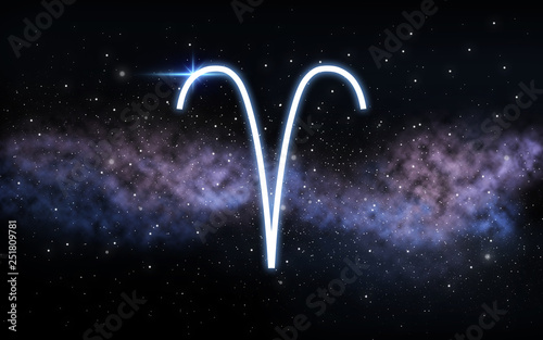 astrology and horoscope - aries zodiac sign over dark night sky with stars and galaxy background