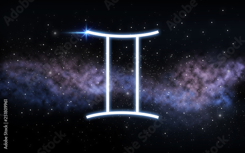astrology and horoscope - gemini zodiac sign over dark night sky with stars and galaxy background