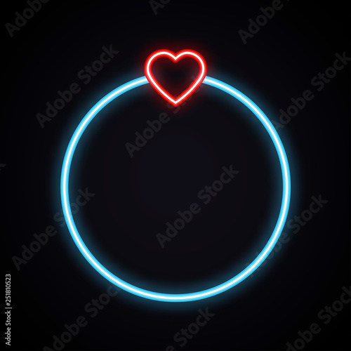 Neon wedding ring with heart. Glowing brilliant engagement ring on dark background. Bright jewelry symbol. Love, wedding, marriage theme.