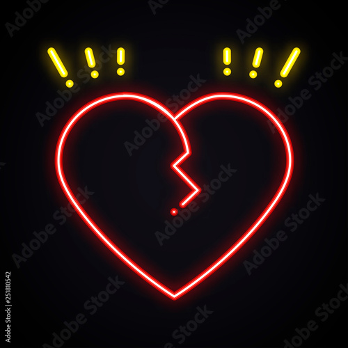 Neon broken heart sign. Light divorce symbol. Heartbreak, treachery, breakup bright theme.