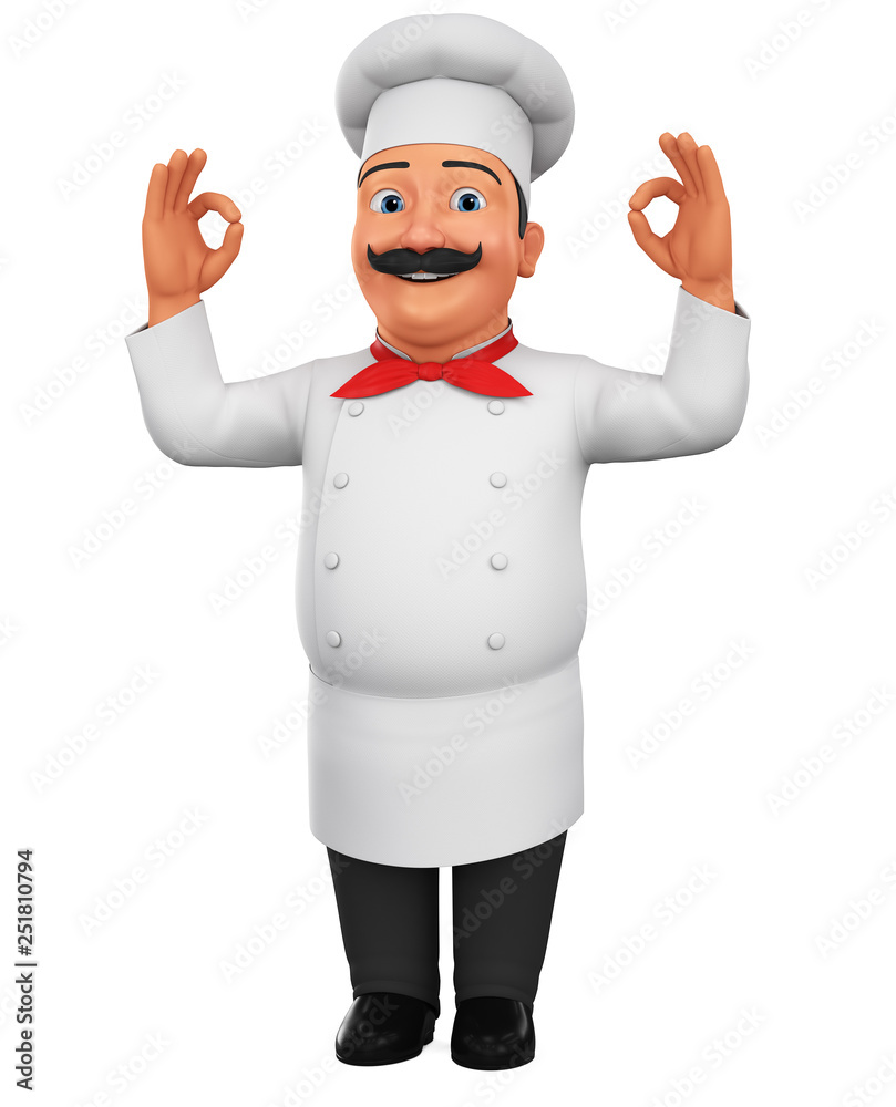 Cartoon chef character shows two okey on white background. 3d rendering. Illustration for advertising. Cartoon chef character shows two okey on white background. 3d rendering. Illustration for advertising.