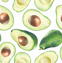 Acrylglasbilder Avocadomuster Frische Avocados Aquarell auf Weiß  © anastasianio