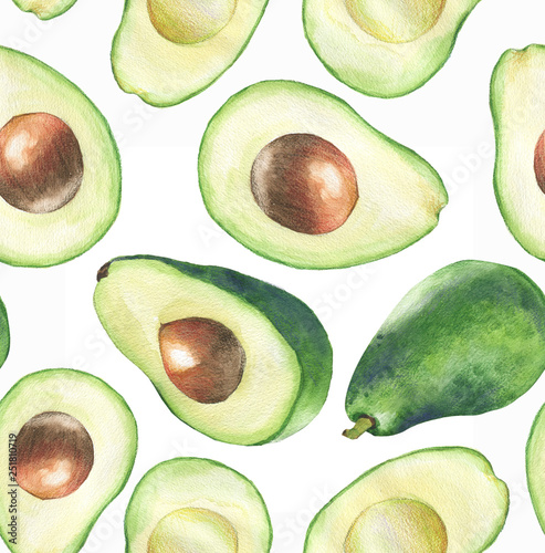 Hand-drawn watercolor seamless pattern with fresh green avocado on the white background. Repeated fruit background. - Illustration