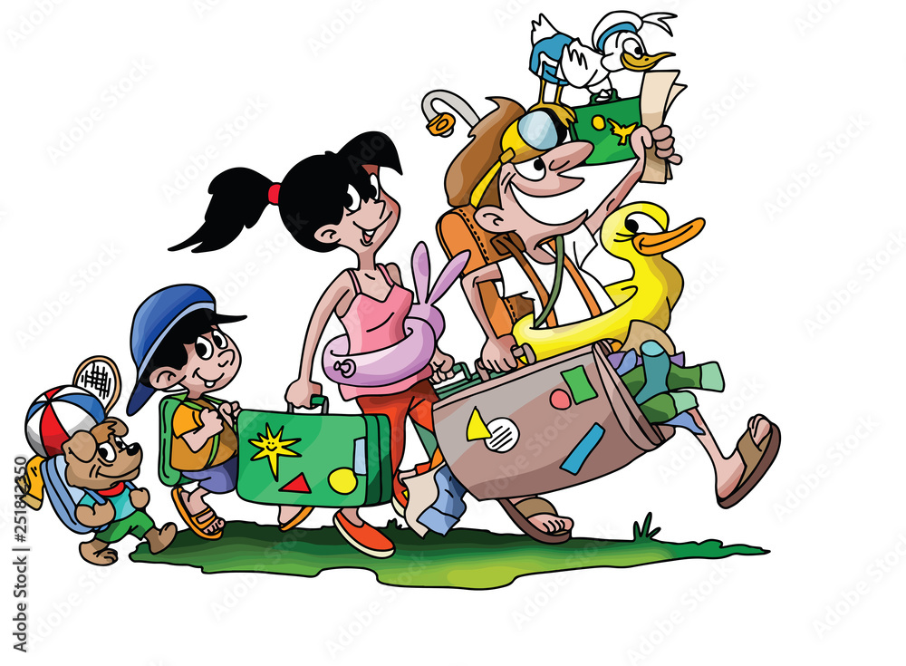 Cartoon family going on a vacation with their dog vector illustration ...