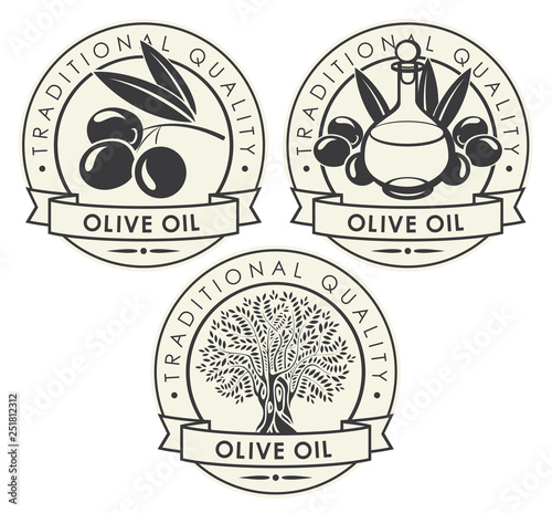 Vector set of three stickers or labels for olive oil of round shape with ribbons in retro style. Badge for eco production of olive oil. Can be used for cooking, cosmetics and medicine