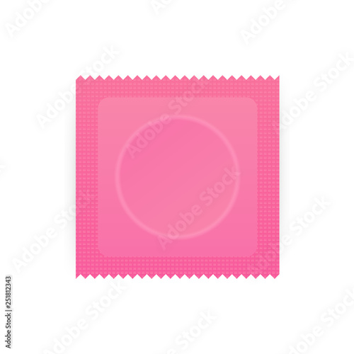 Condom Plastic Package with Obvious Circle Product Shape and Toothed Edge. Pink condom with packing. Vector illustration.