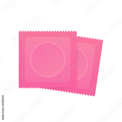Condom Plastic Package with Obvious Circle Product Shape and Toothed Edge. Pink condom with packing. Vector illustration.