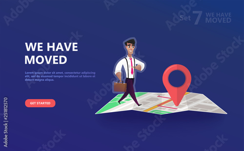 We have moved vector illustration concept. We have moved new office icon location.  Change location announcement business home map. Use for, landing page, template, ui, web, mobile app, poster, banner