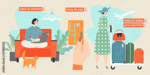 Vector conceptual illustration with cute girl buying tickets online