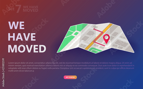 We have moved vector illustration concept. We have moved new office icon location.  Change location announcement business home map. Use for, landing page, template, ui, web, mobile app, poster, banner