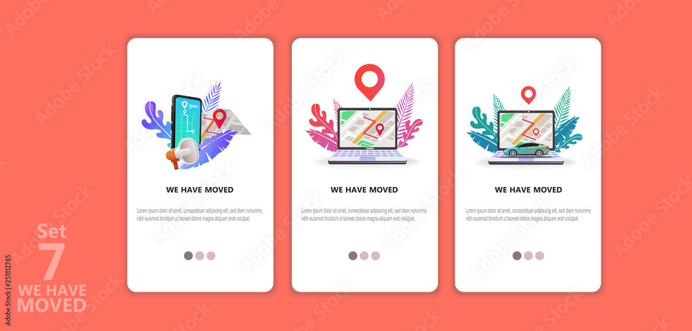 We have moved vector illustration concept. We have moved new office icon location.  Change location announcement business home map. Use for, landing page, template, ui, web, mobile app, poster, banner