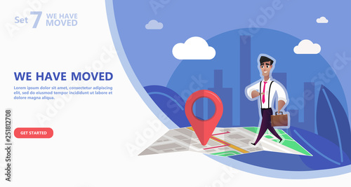 We have moved vector illustration concept. We have moved new office icon location.  Change location announcement business home map. Use for, landing page, template, ui, web, mobile app, poster, banner