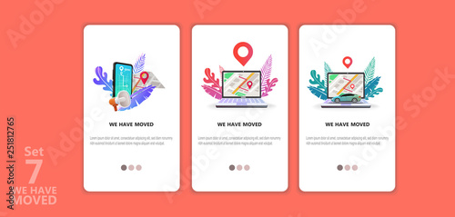 We have moved vector illustration concept. We have moved new office icon location.  Change location announcement business home map. Use for, landing page, template, ui, web, mobile app, poster, banner