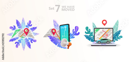 We have moved vector illustration concept. We have moved new office icon location.  Change location announcement business home map. Use for, landing page, template, ui, web, mobile app, poster, banner