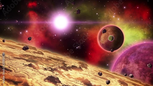 A desert mountain planet in uncharted space. Space art collection. Loop.