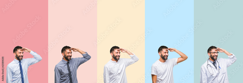 Obraz premium Collage of handsome man over colorful stripes isolated background very happy and smiling looking far away with hand over head. Searching concept.