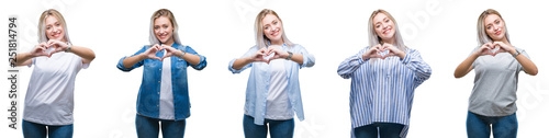 Collage of beautiful blonde young woman over isolated background smiling in love showing heart symbol and shape with hands. Romantic concept.