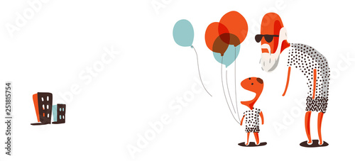 Grandpa and grandson holding balloon.