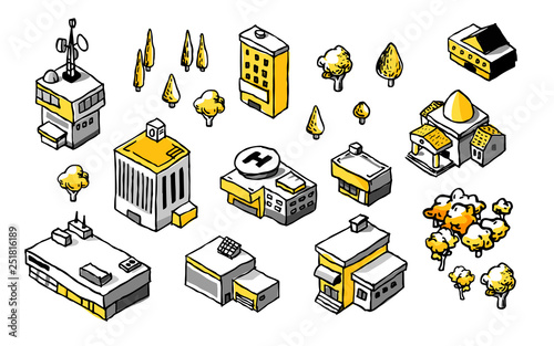Drawing Doodle Isometric Building Set.