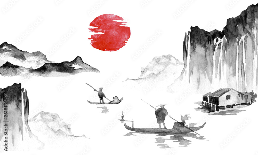 Japan traditional sumi-e painting. Indian ink illustration. Japanese ...