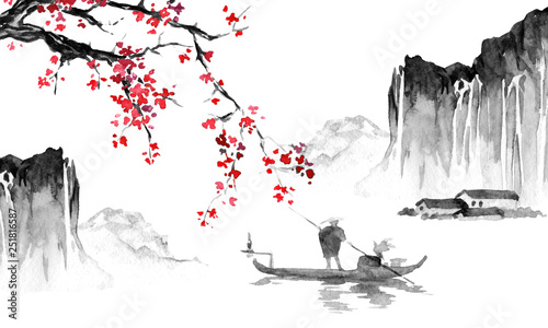 Japan traditional sumi-e painting. Indian ink illustration. Japanese picture. Man, boat, sakura, mountains photo