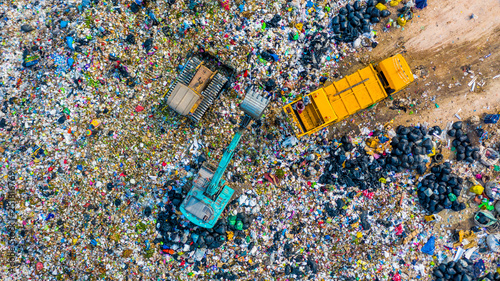 Konstfotografi Garbage pile  in trash dump or landfill, Aerial view garbage trucks unload garbage to a landfill,  global warming