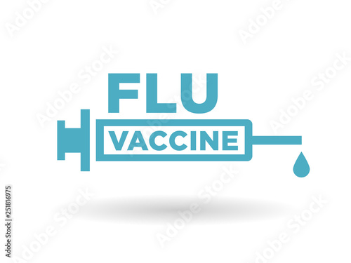 Flu vaccine health icon badge with blue syringe sign. Medical influenza vaccination treatment symbol. Vector illustration.
