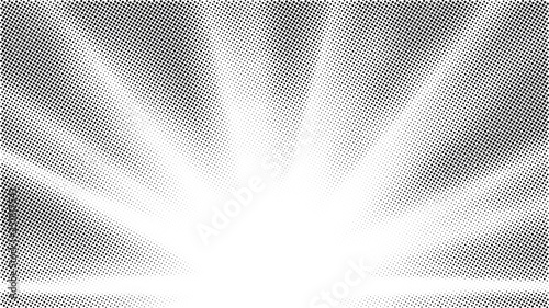 Halftone gradient sun rays pattern. Abstract halftone vector dots background. Monochrome dots pattern. Pop Art  Comic small dots. Star rays halftone poster. Shine  explosion. Outer space  sunrise rays