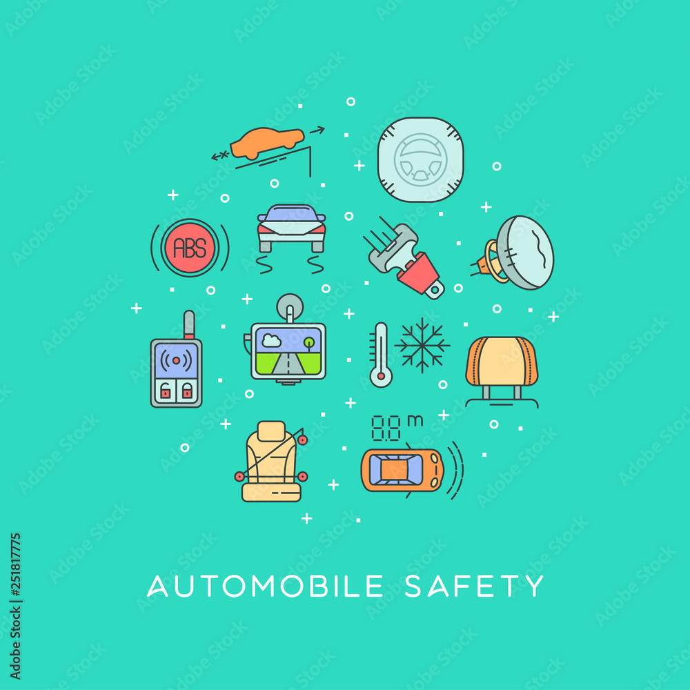 Set of automobile safety equipment. Cars safety line icons set circular
