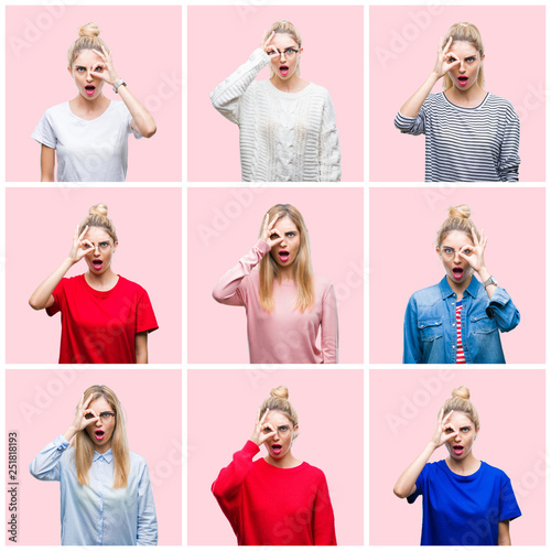 Collage of young beautiful blonde woman over pink isolated background doing ok gesture shocked with surprised face, eye looking through fingers. Unbelieving expression.