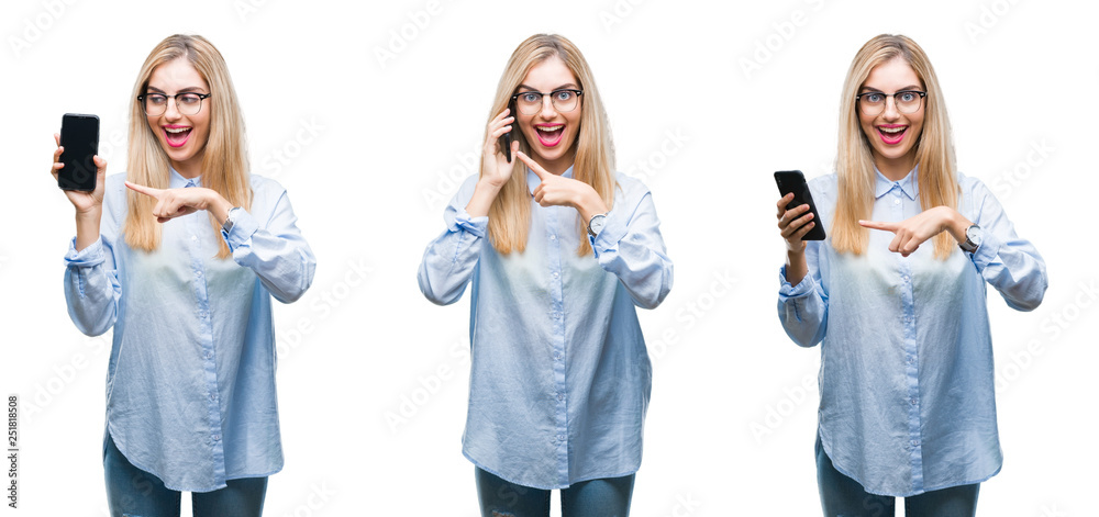 Collage of young beautiful blonde business woman using smartphone over isolated background very happy pointing with hand and finger Collage of young beautiful blonde business woman using smartphone over isolated background very happy pointing with hand and finger