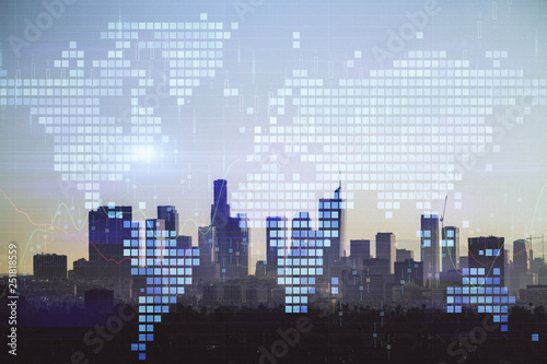 Double exposure of World map polygonal with city background. Globalization concept. Los Angeles