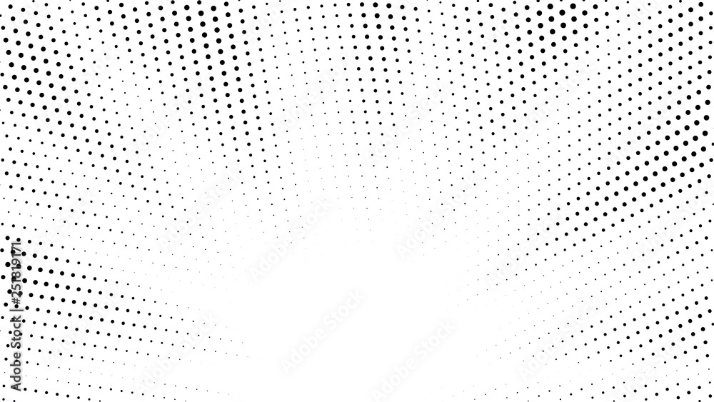 Halftone gradient sun rays pattern. Abstract halftone vector dots background. Monochrome dots pattern. Pop Art, Comic small dots. Star rays radial halftone poster. Shine explosion. Space, sunrise rays