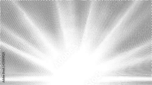 Halftone gradient sun rays pattern. Abstract halftone vector dots background. Monochrome dots pattern. Pop Art  Comic small dots. Star rays radial halftone poster. Shine explosion. Space  sunrise rays