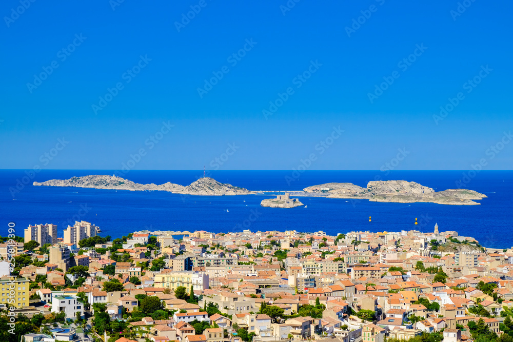 Chateau d'If. Panoramic view of Bay of Marseille, islands and Castle If.