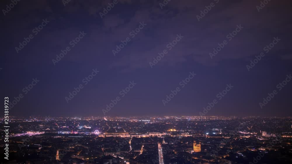 Timelapse of birdseye shot panorama Paris from above with famous sights of Paris. Night lights of Paris panorama view of sights under violet sky. FRANCE Timelapse of birdseye shot panorama Paris from above with famous sights of Paris. Night lights of Paris panorama view of sights under violet sky. FRANCE