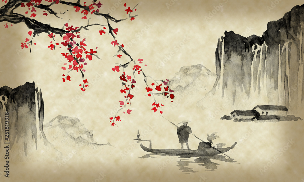 Fototapeta Japan traditional sumi-e painting. Indian ink illustration. Japanese picture. Man, boat, sakura, mountains