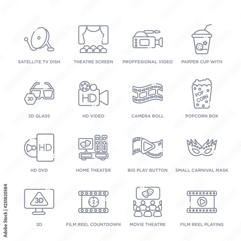 set of 16 thin linear icons such as film reel playing, movie theatre, film reel countdown number 2, 3d, small carnival mask, big play button, home theater from cinema collection on white background,