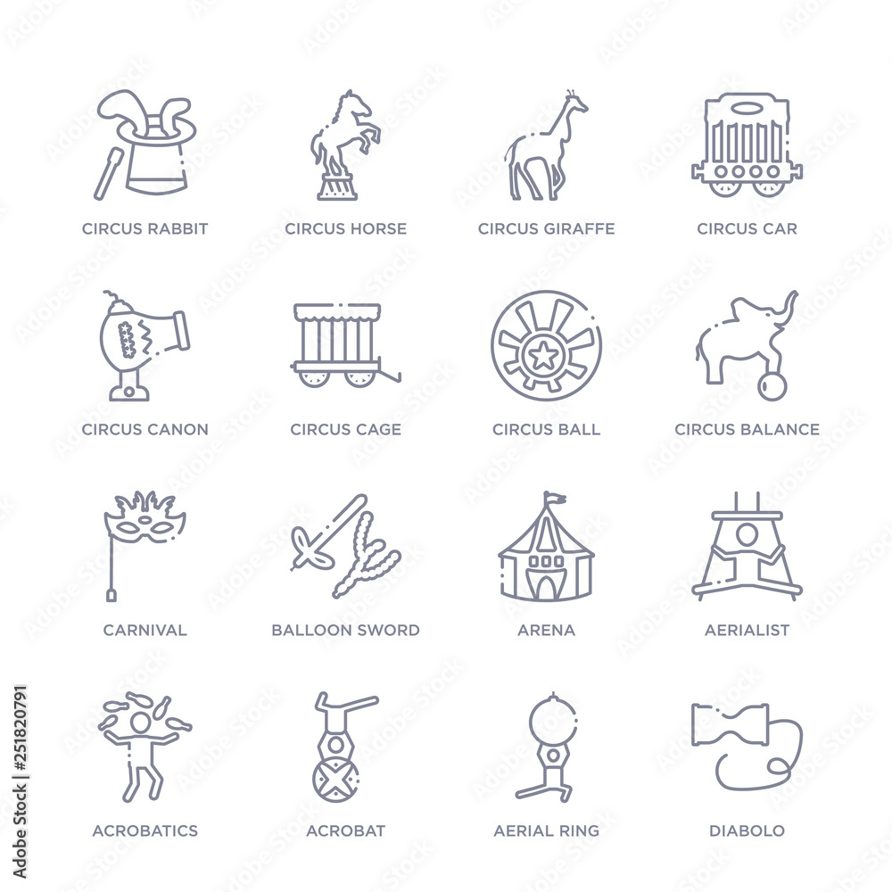 set of 16 thin linear icons such as diabolo, aerial ring, acrobat, acrobatics, aerialist, arena, balloon sword from circus collection on white background, outline sign icons or symbols set of 16 thin linear icons such as diabolo, aerial ring, acrobat, acrobatics, aerialist, arena, balloon sword from circus collection on white background, outline sign icons or symbols