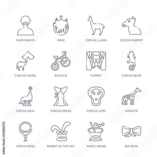 set of 16 thin linear icons such as big bow, magic wand, rabbit in the hat, circus ring, giraffe, circus lion, circus dress from collection on white background, outline sign icons or symbols