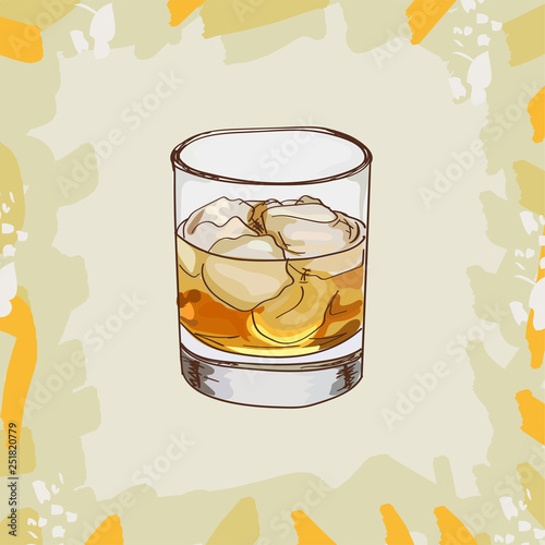 French Connection, Godfather, Rusty Nail Contemporary classic cocktail illustration. Alcoholic bar drink hand drawn vector. Pop art